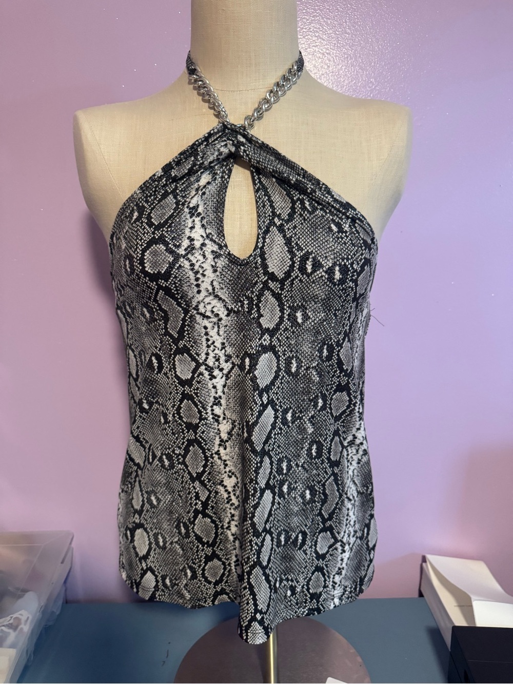 Michael Kors Black and Gray Snake Print Halter Blouse